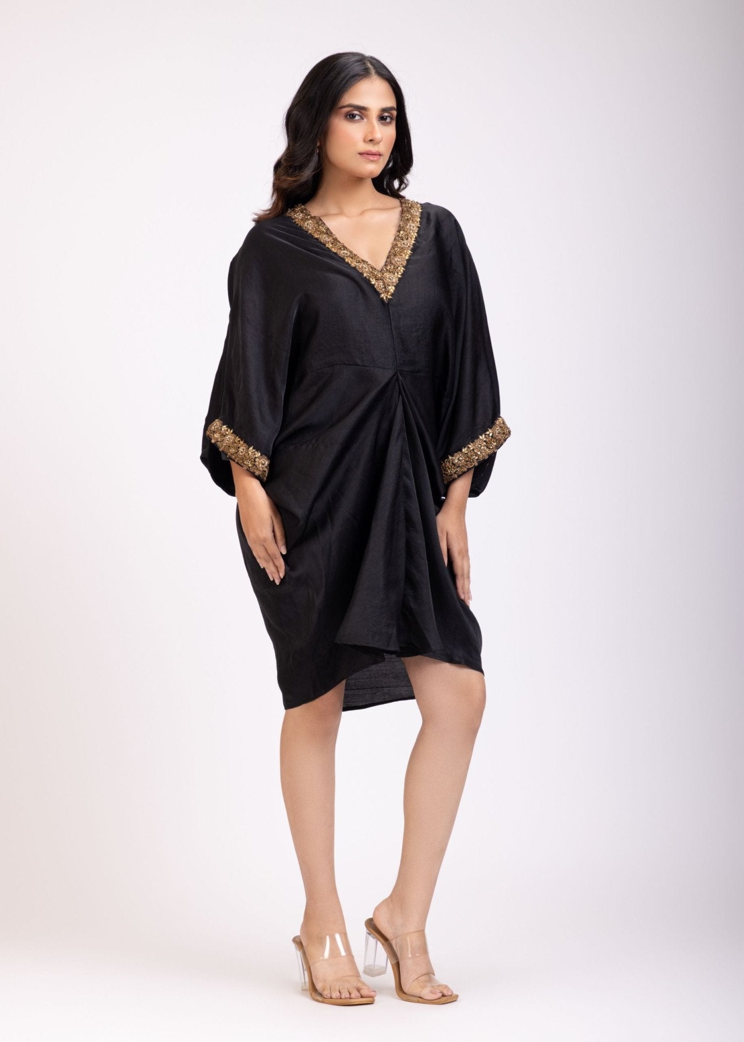 Black Drape Dress With Hand Embroidered Lace - Anvi Couture