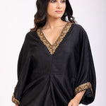 Black Drape Dress With Hand Embroidered Lace - Anvi Couture