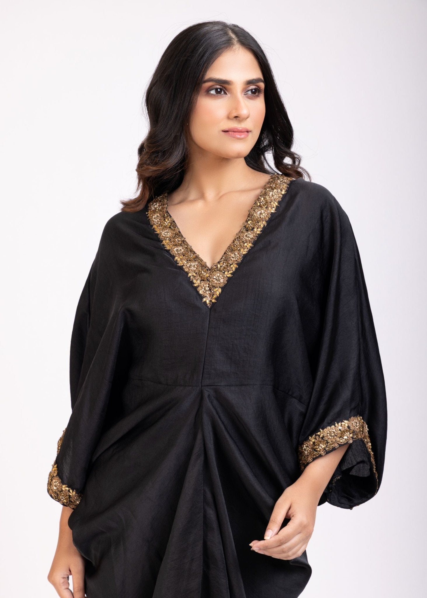 Black Drape Dress With Hand Embroidered Lace - Anvi Couture