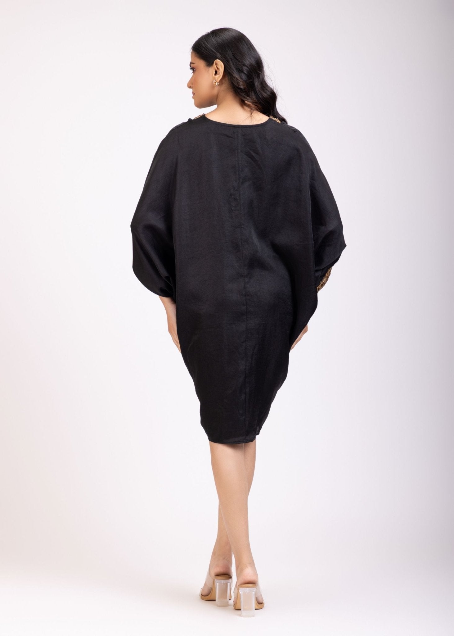 Black Drape Dress With Hand Embroidered Lace - Anvi Couture