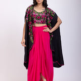 Black Draped Skirt And Crop Top Set With Long Shrug with Hand embroidered top full