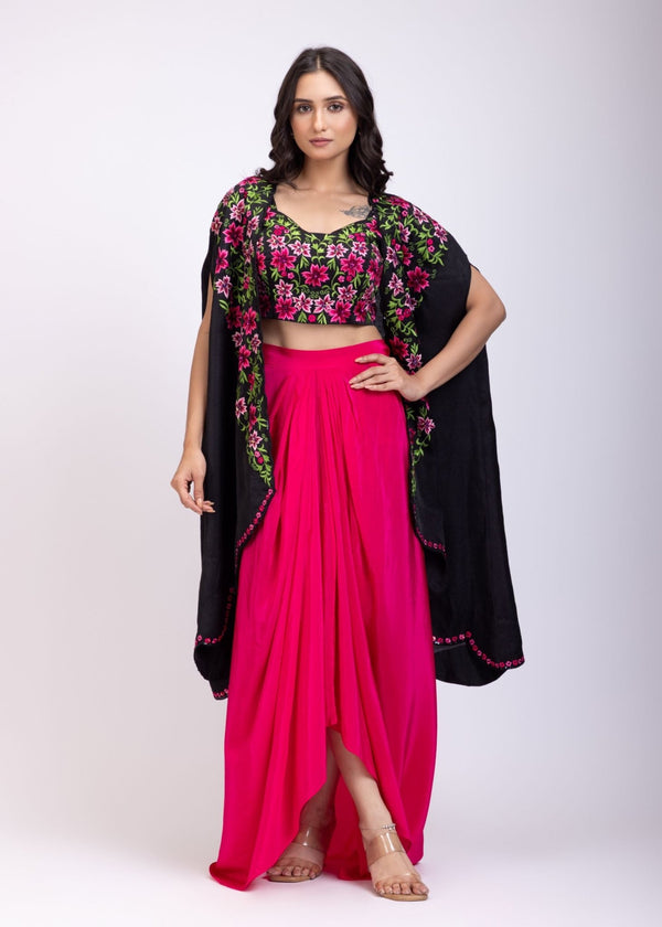 Black Draped Skirt And Crop Top Set With Long Shrug with Hand embroidered top - Anvi Couture