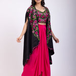 Black Draped Skirt And Crop Top Set With Long Shrug with Hand embroidered top front