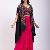 Black Draped Skirt And Crop Top Set With Long Shrug with Hand embroidered top front