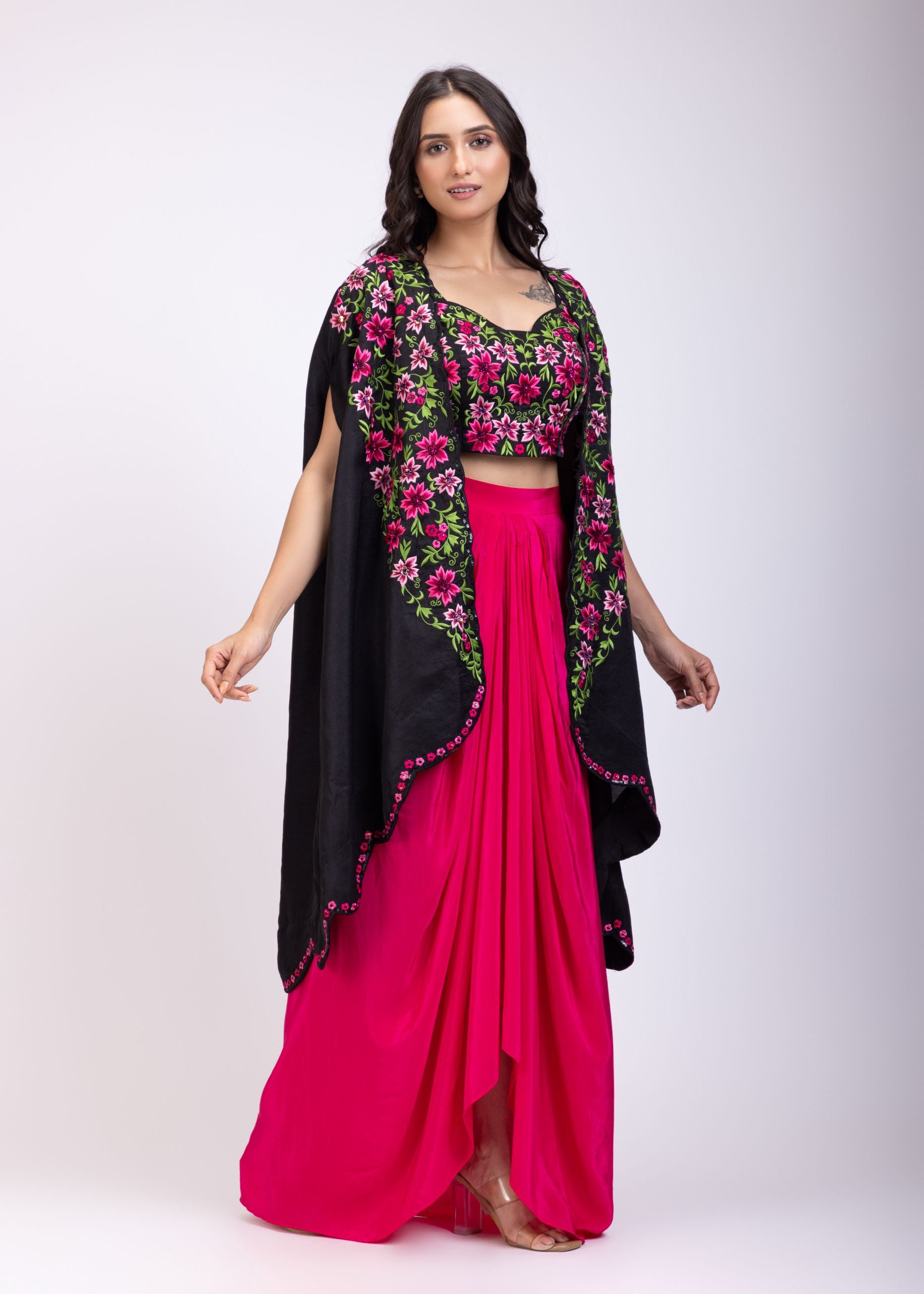 Black Draped Skirt And Crop Top Set With Long Shrug with Hand embroidered top front