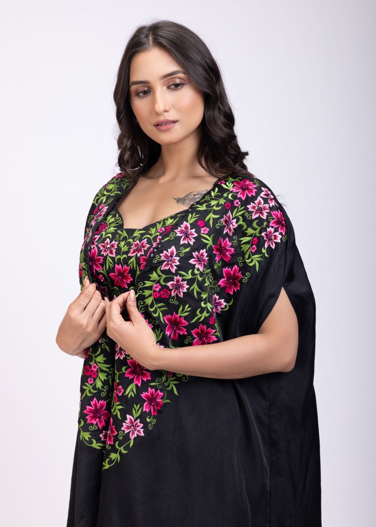 Black Draped Skirt And Crop Top Set With Long Shrug with Hand embroidered top - Anvi Couture
