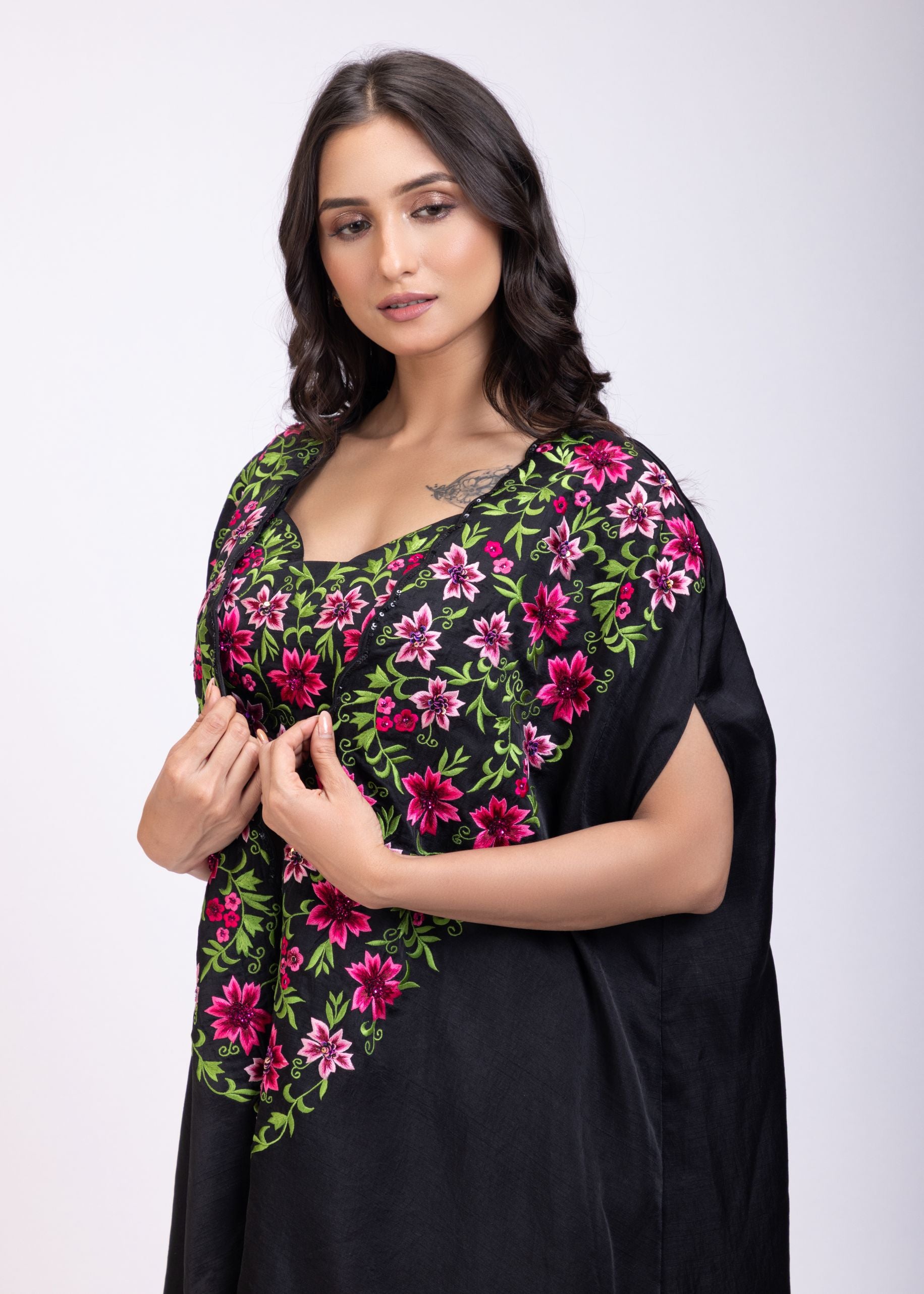 Black Draped Skirt And Crop Top Set With Long Shrug with Hand embroidered top close up