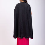 Black Draped Skirt And Crop Top Set With Long Shrug with Hand embroidered top back