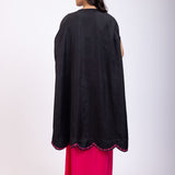 Black Draped Skirt And Crop Top Set With Long Shrug with Hand embroidered top back