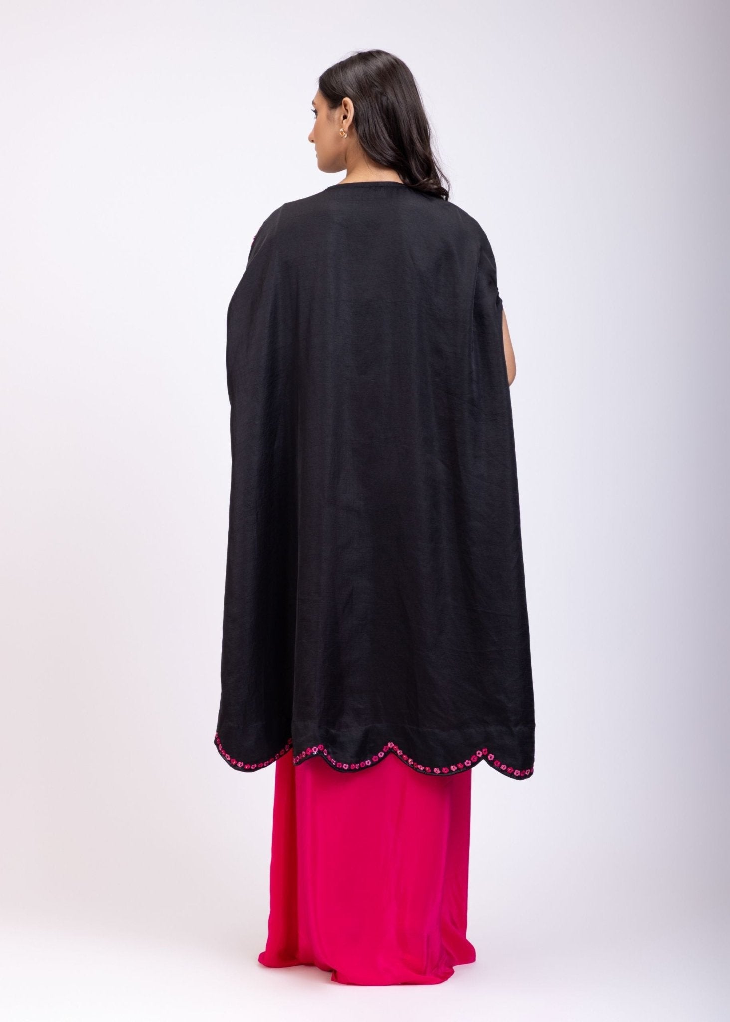 Black Draped Skirt And Crop Top Set With Long Shrug with Hand embroidered top - Anvi Couture
