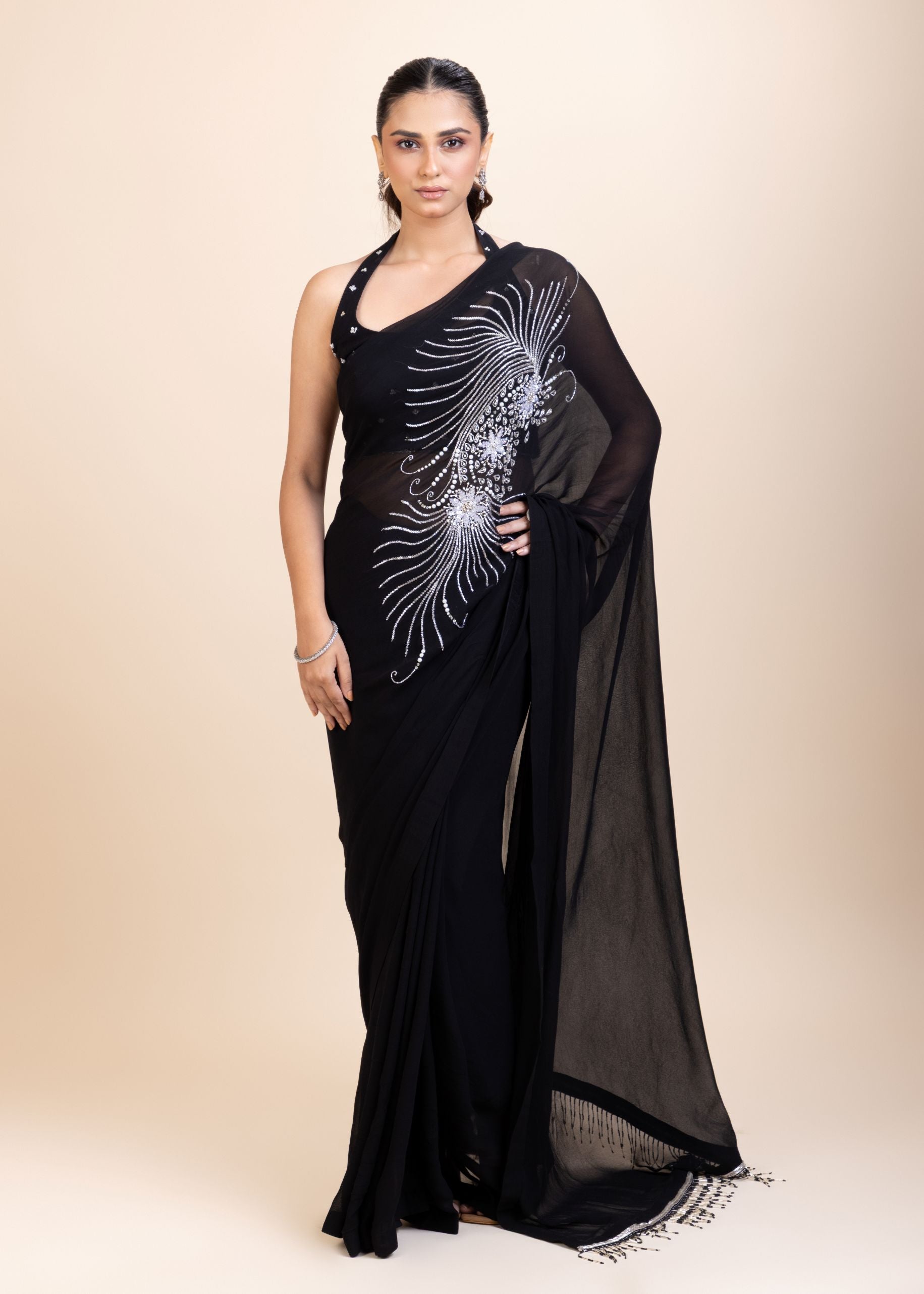 Black Embroidery Partywear Saree With Designer Blouse -Front
