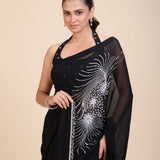 Black Embroidery Partywear Saree With Designer Blouse - Close