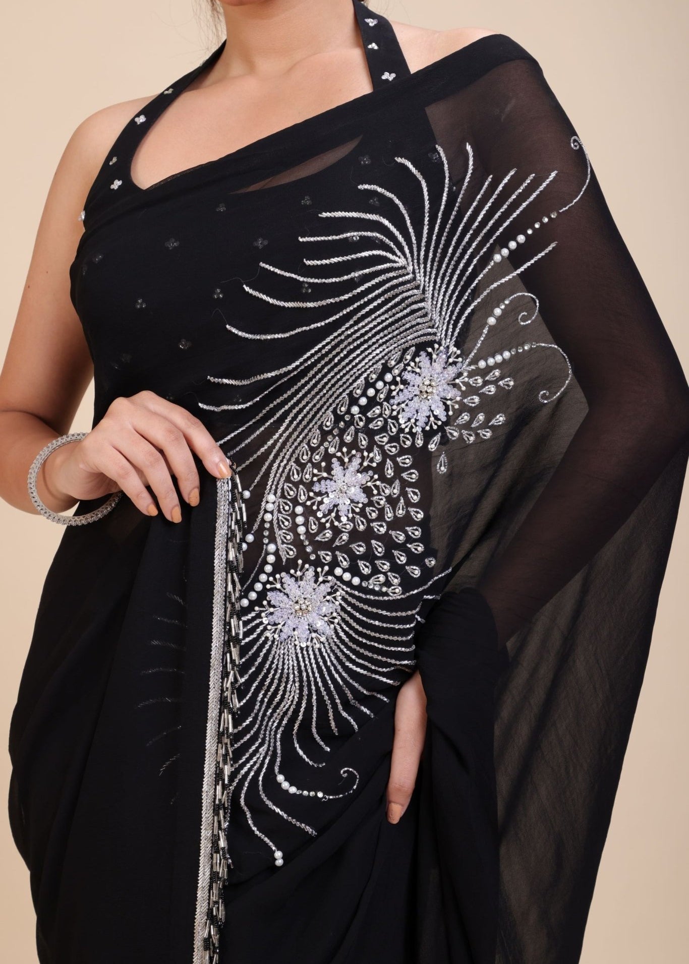 Black Embroidery Partywear Saree With Designer Blouse - Embroidered Work