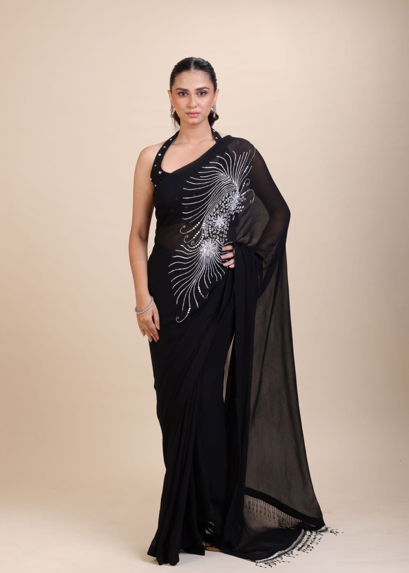 Black Embroidery Partywear Saree With Designer Blouse - Anvi Couture