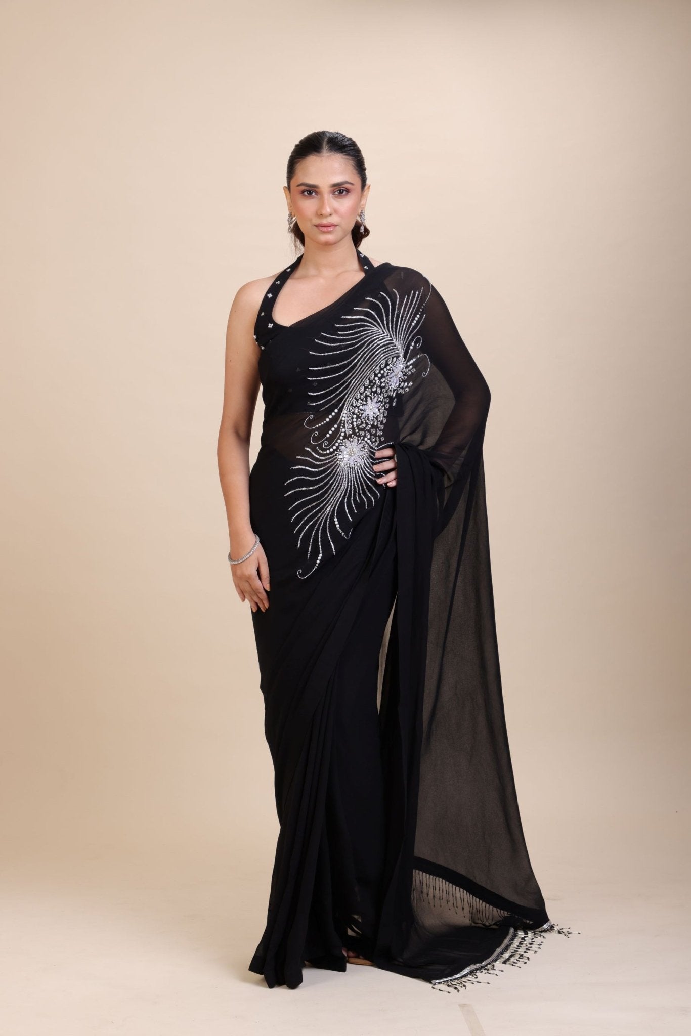Black Embroidery Partywear Saree With Designer Blouse - Anvi Couture