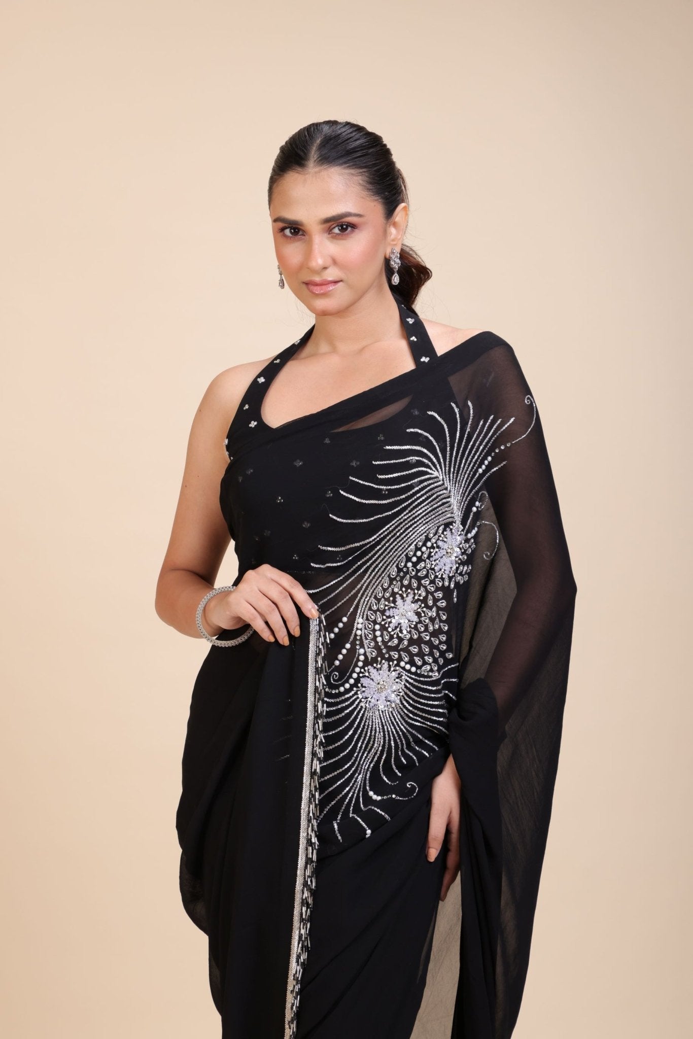 Black Embroidery Partywear Saree With Designer Blouse - Anvi Couture