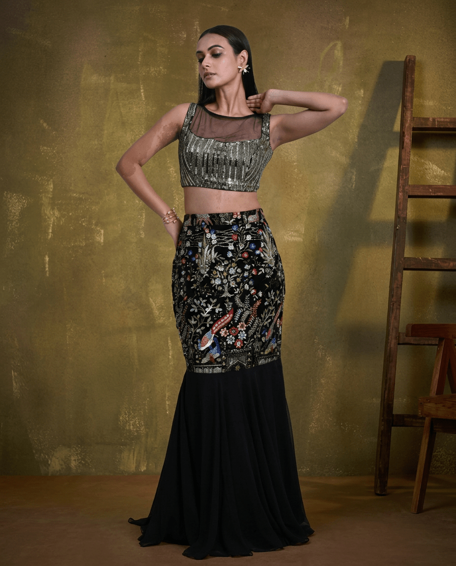 Black Mermaid Style Fishtail Lehenga with Multicolor Thread Embroidery
