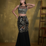 Black Mermaid Style Fishtail Lehenga with Multicolor Thread Embroidery