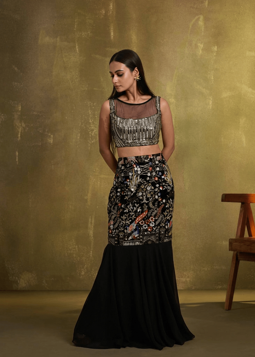 Designer Black Fishtail Lehenga Choli – Multicolor Embroidered Bridal Wear
