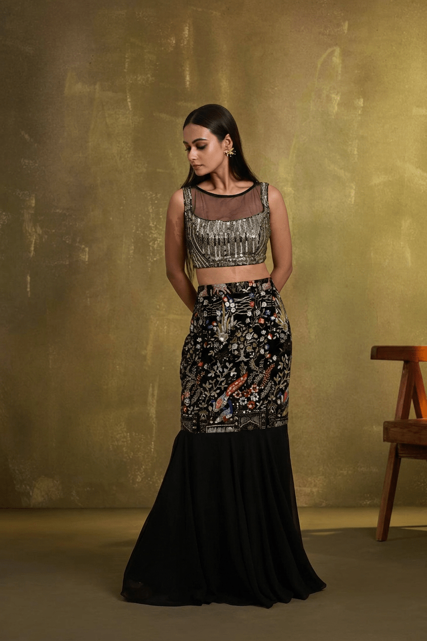 Designer Black Fishtail Lehenga Choli – Multicolor Embroidered Bridal Wear