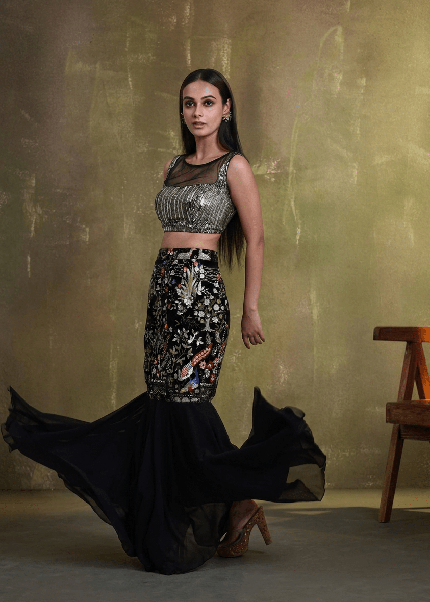 Black Fishtail Cut Lehenga Set with Colorful Embroidery for Wedding Season