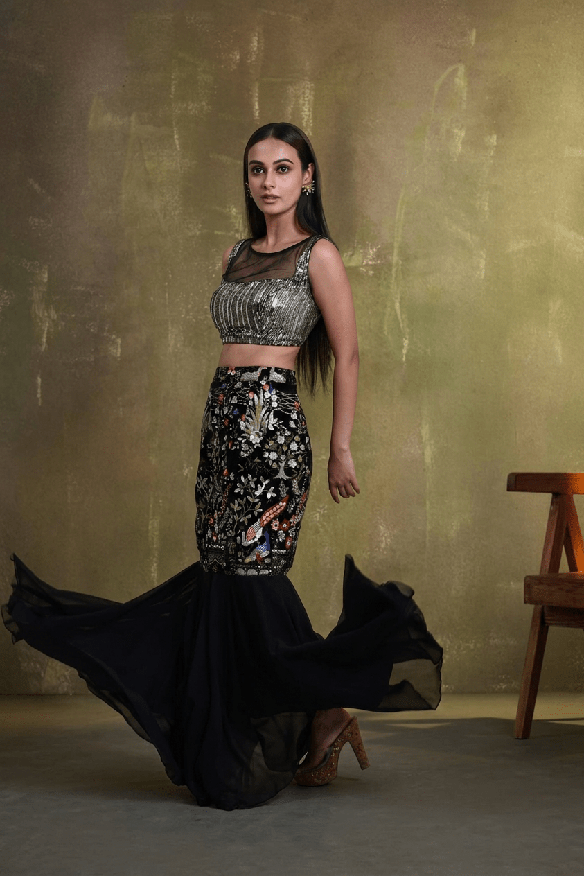 Black Fishtail Cut Lehenga Set with Colorful Embroidery for Wedding Season