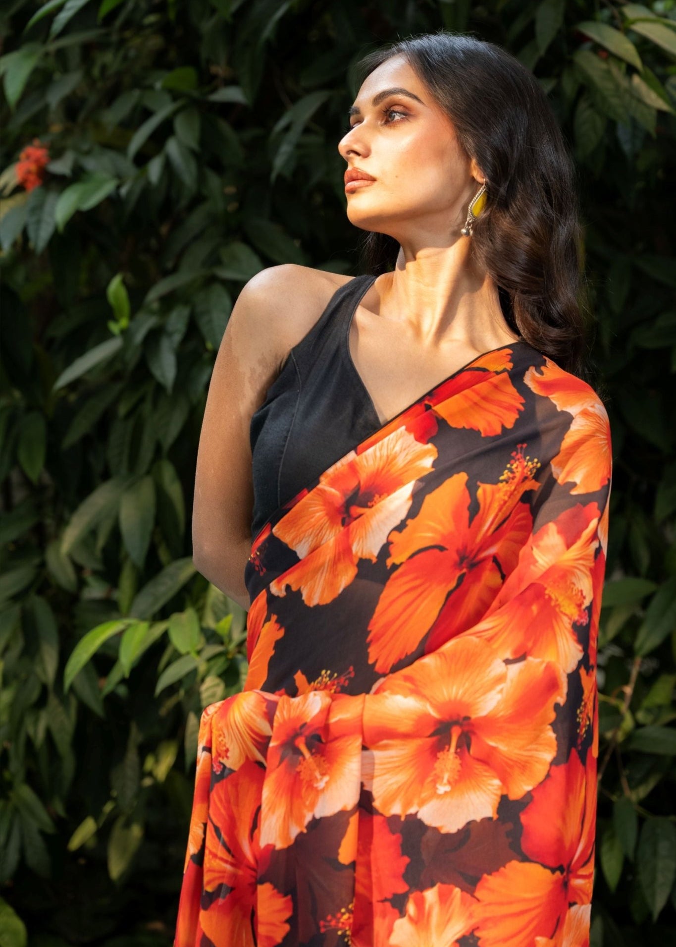 Black Floral Print Georgette Sarees - Anvi Couture