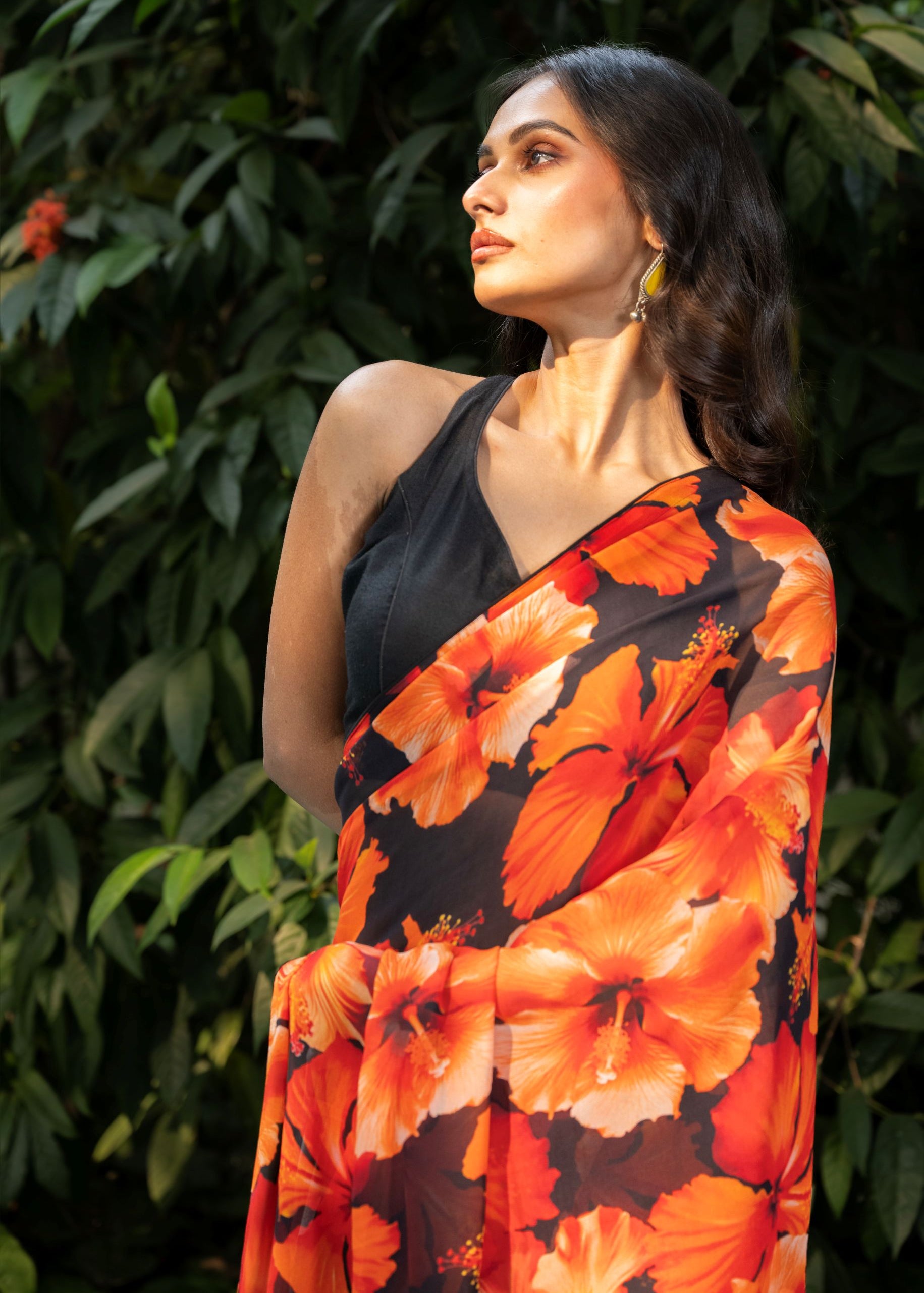  Black Floral Print Georgette Sarees Front
