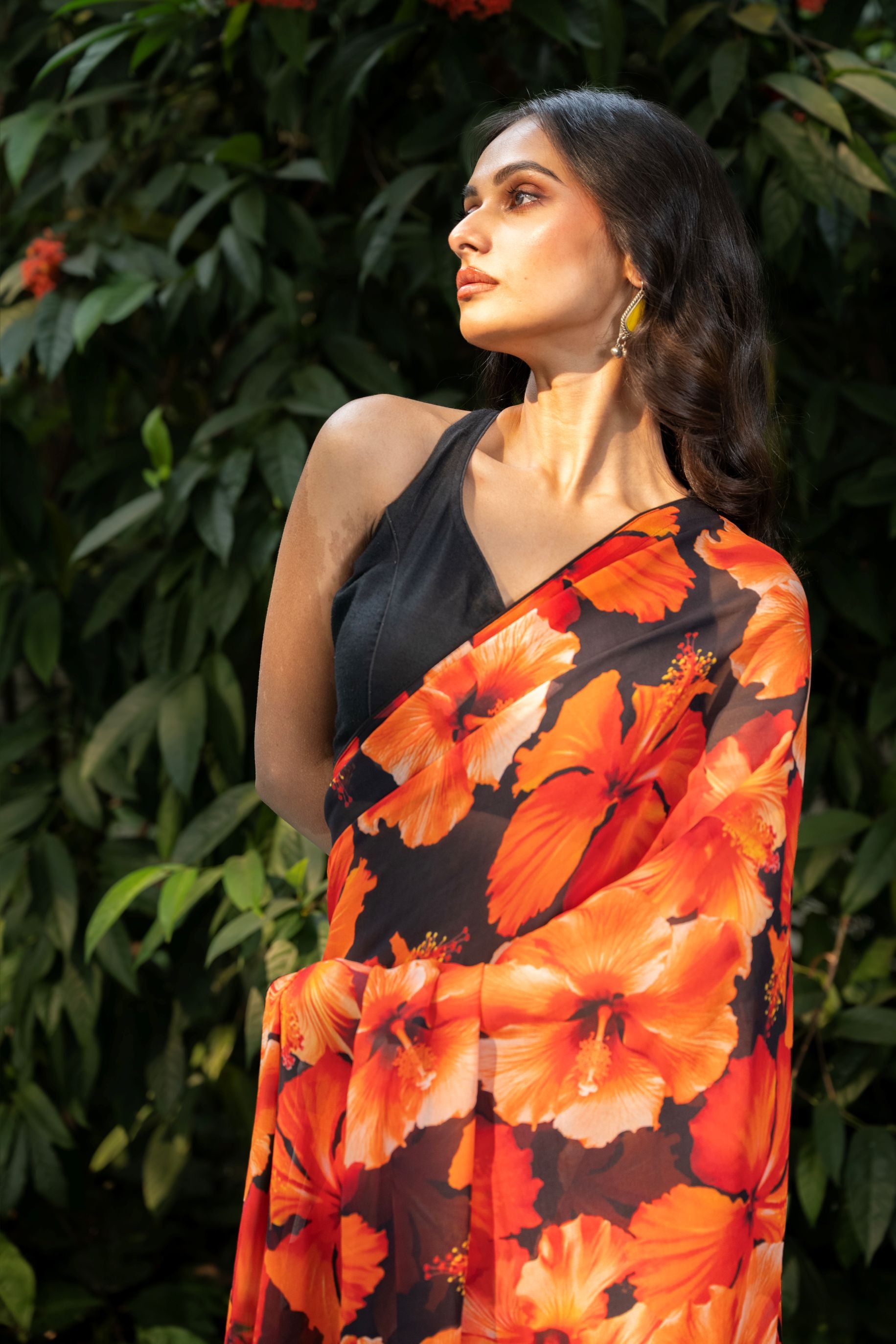  Black Floral Print Georgette Sarees Front
