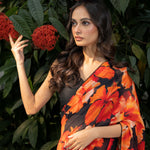 Black Floral Print Georgette Sarees Close Up
