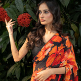Black Floral Print Georgette Sarees Close Up
