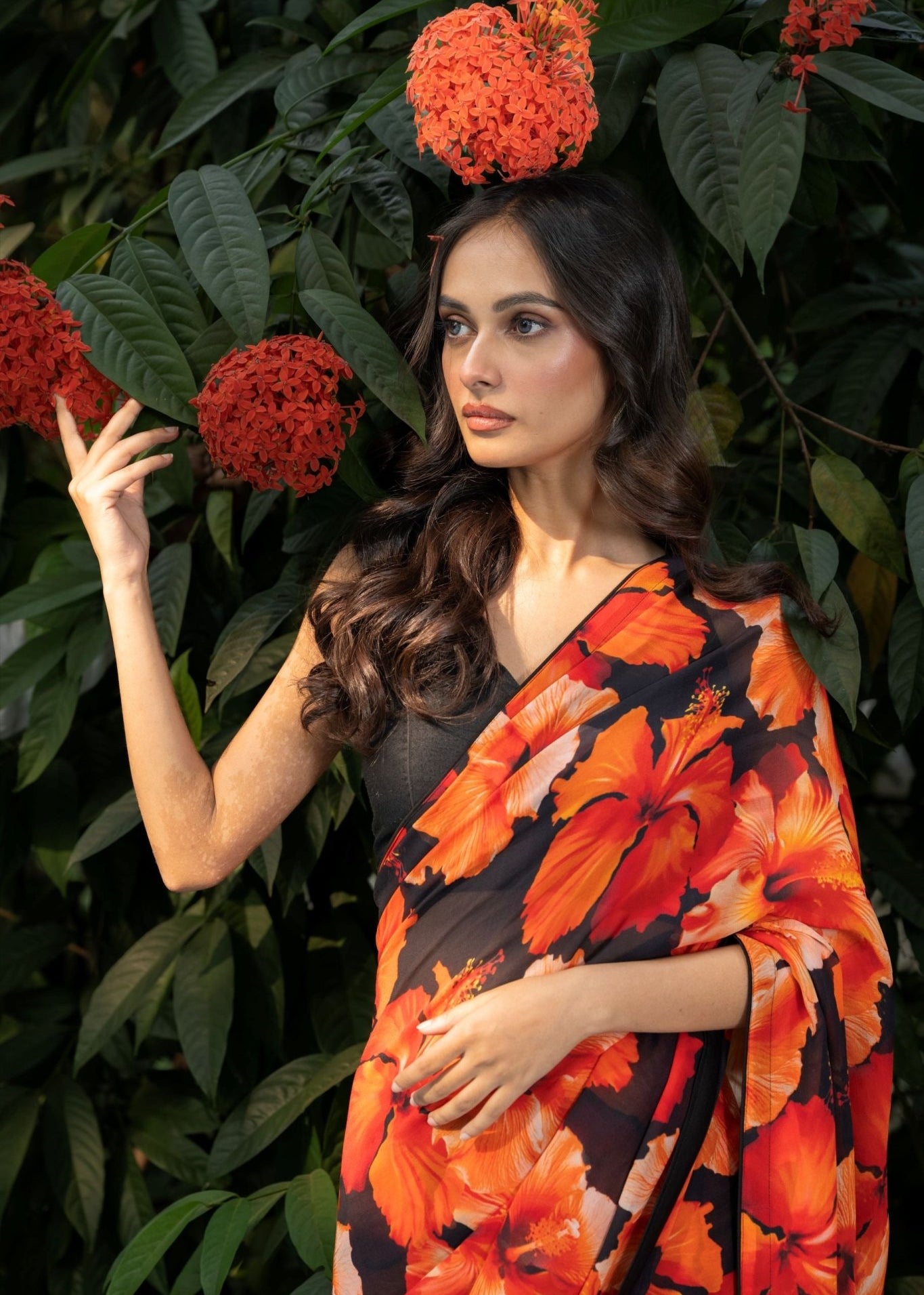 Black Floral Print Georgette Sarees - Anvi Couture