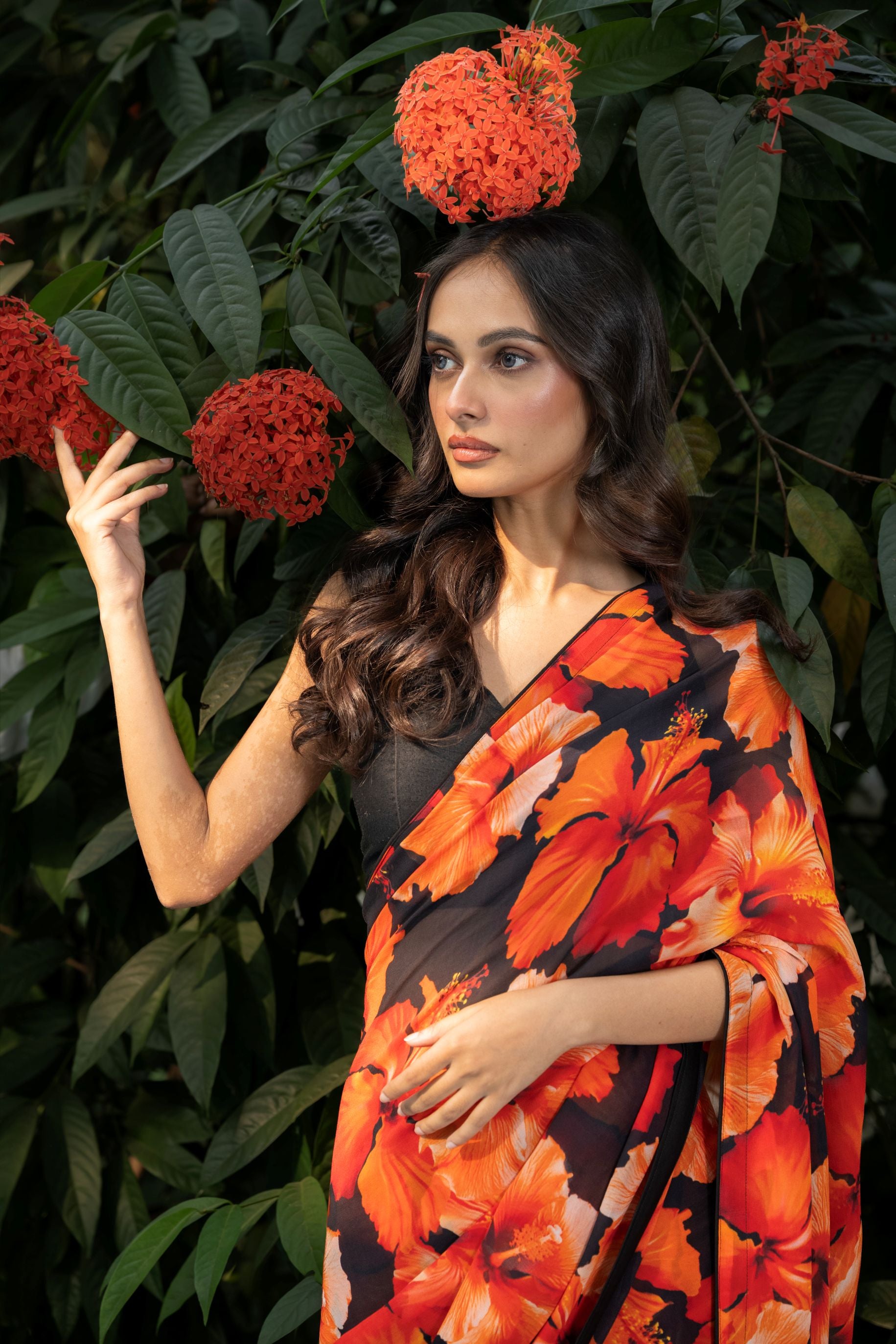 Black Floral Print Georgette Sarees Close Up
