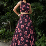 Black Floral Printed Georgette Crop top Lehenga Set - Anvi Couture