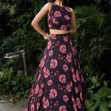 Black Floral Printed Georgette Crop top Lehenga Set - Anvi Couture