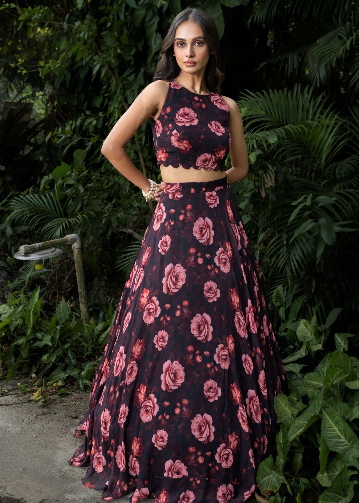 Black Floral Printed Georgette Crop top Lehenga Set - Anvi Couture