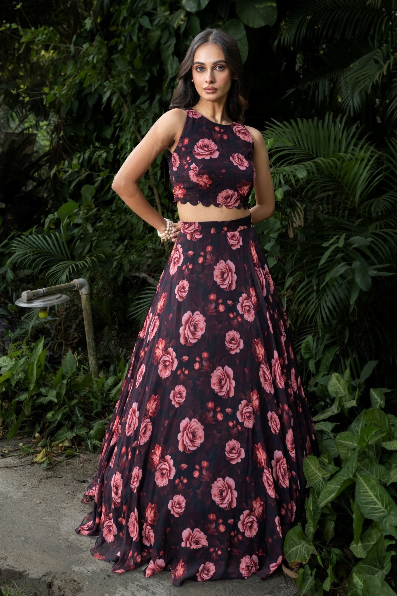 Black Floral Printed Georgette Crop top Lehenga Set - Anvi Couture