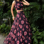 Black Floral Printed Georgette Crop top Lehenga Set - Anvi Couture