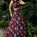 Black Floral Printed Georgette Crop top Lehenga Set - Anvi Couture