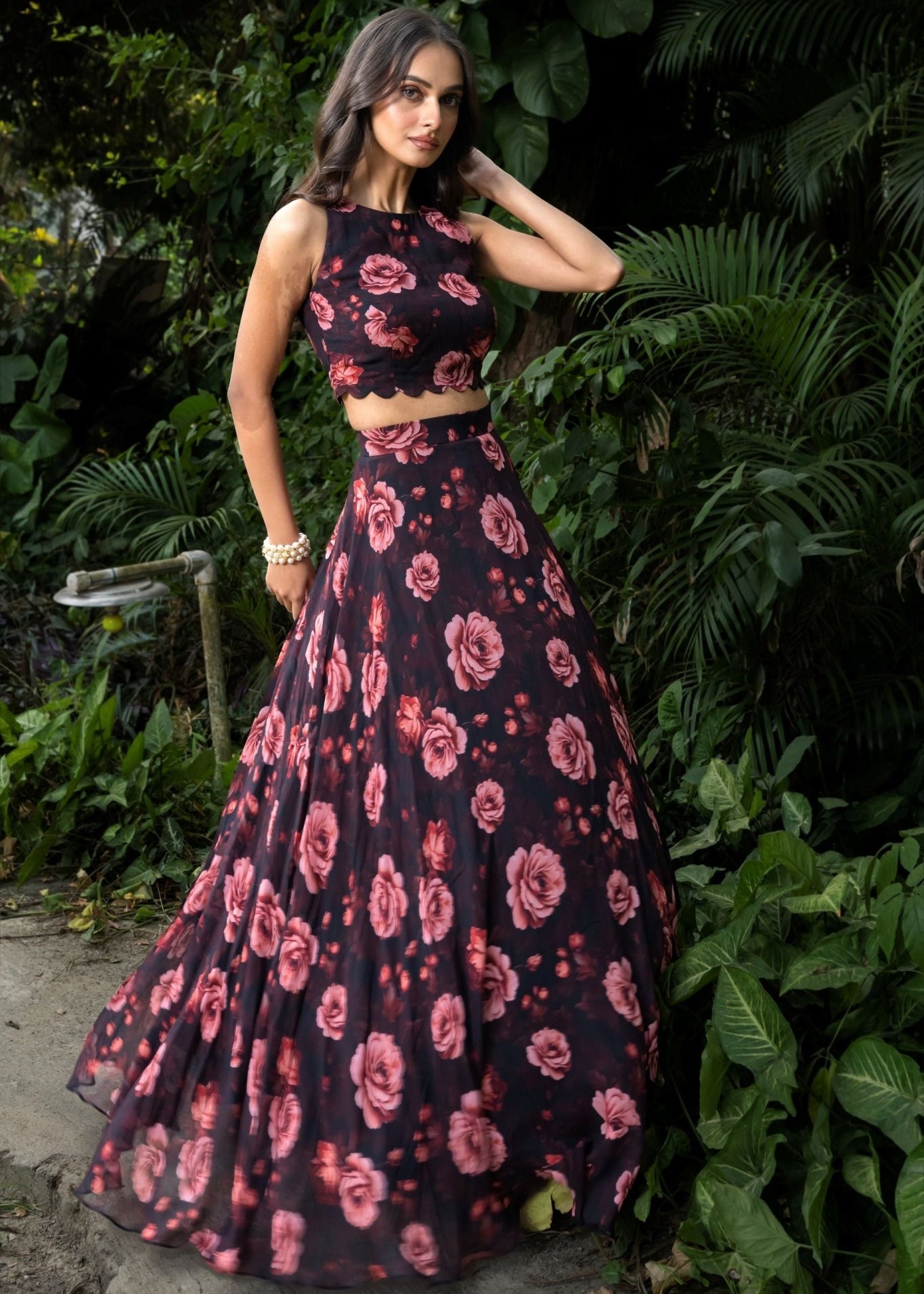 Black Floral Printed Georgette Crop top Lehenga Set - Anvi Couture