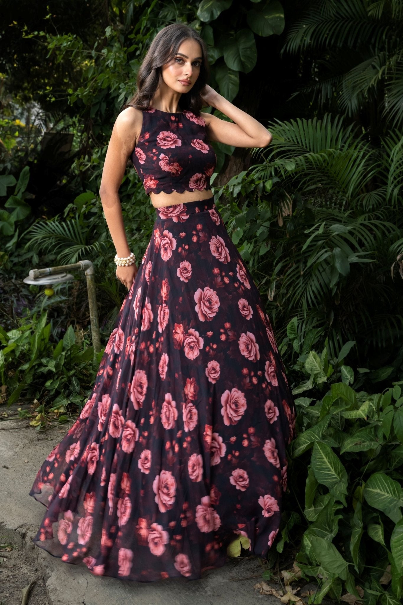 Black Floral Printed Georgette Crop top Lehenga Set - Anvi Couture