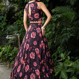 Black Floral Printed Georgette Crop top Lehenga Set - Anvi Couture
