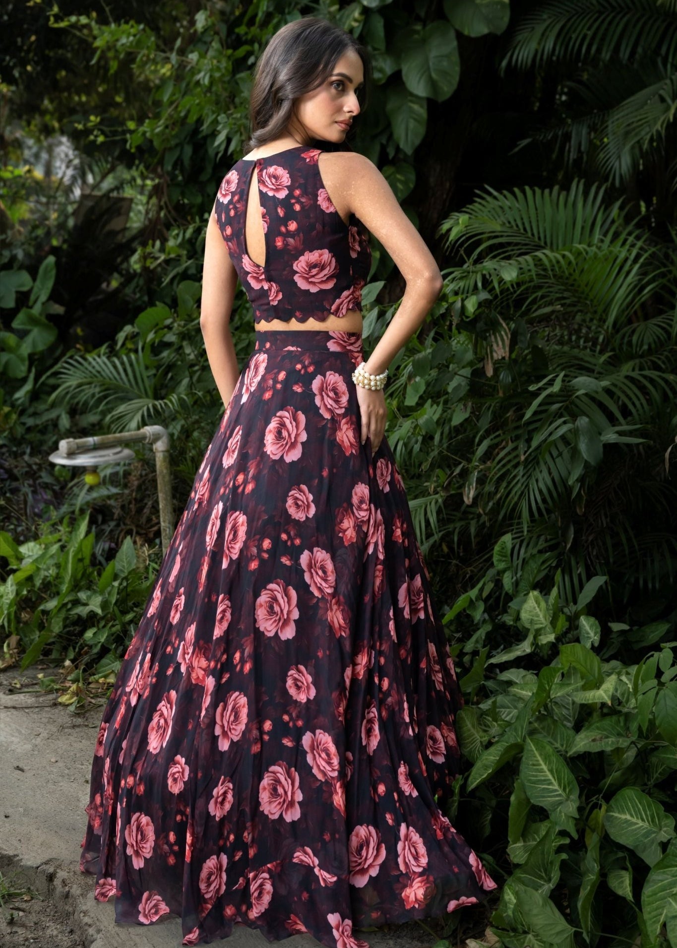 Black Floral Printed Georgette Crop top Lehenga Set - Anvi Couture