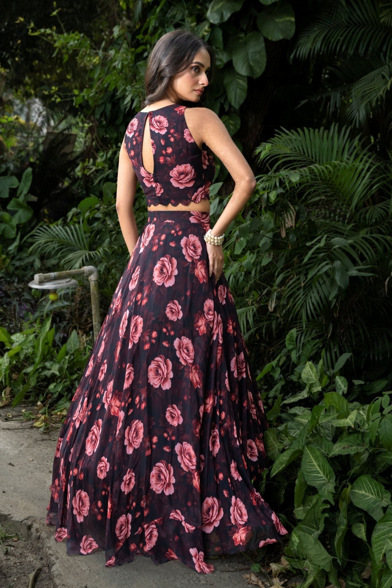 Black Floral Printed Georgette Crop top Lehenga Set - Anvi Couture