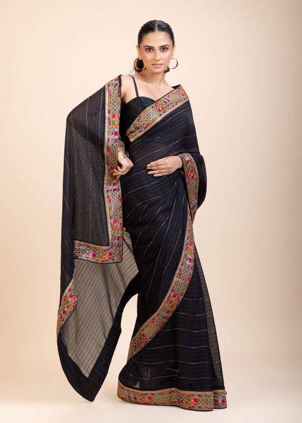 Black Georgette Saree With Multicolor Lace Border - Anvi Couture