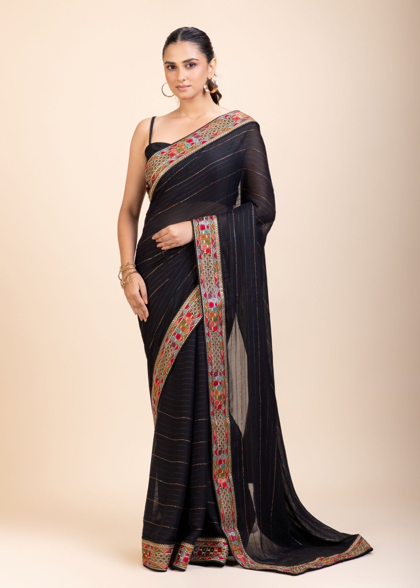 Black Georgette Saree With Multicolor Lace Border - Anvi Couture