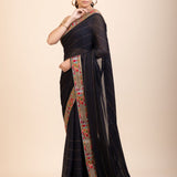 Black Georgette Saree With Multicolor Lace Border - Anvi Couture