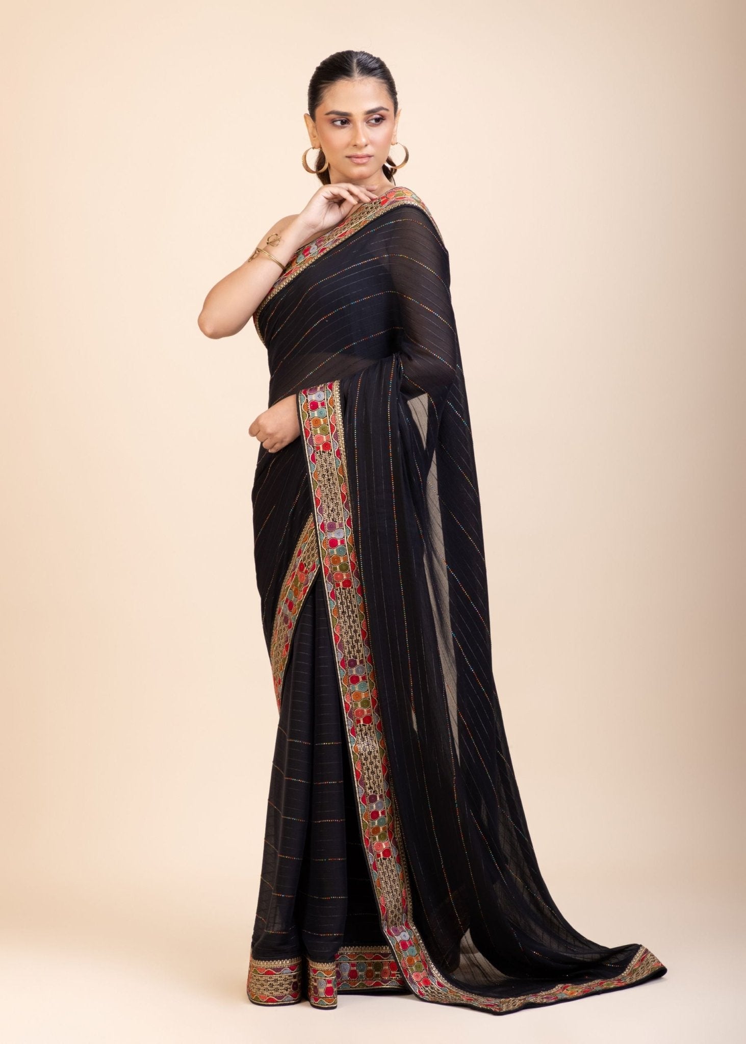 Black Georgette Saree With Multicolor Lace Border - Anvi Couture