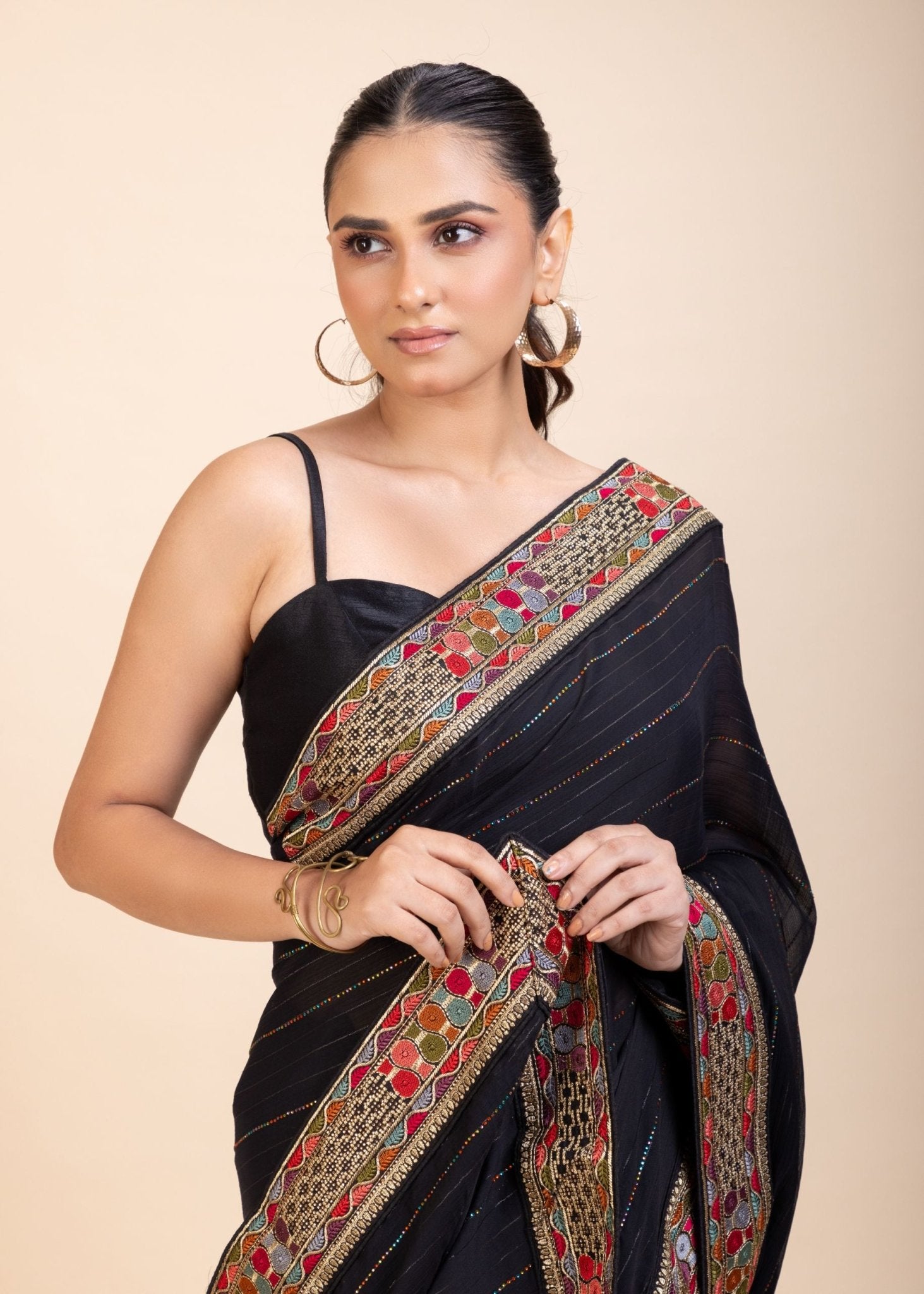 Black Georgette Saree With Multicolor Lace Border - Anvi Couture