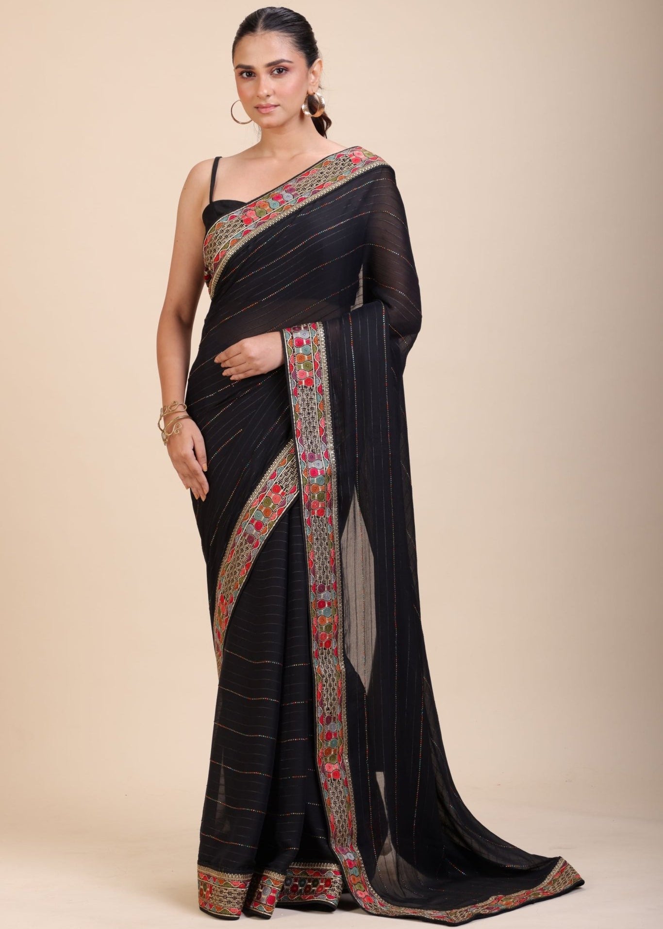 Black Georgette Saree With Multicolor Lace Border - Anvi Couture